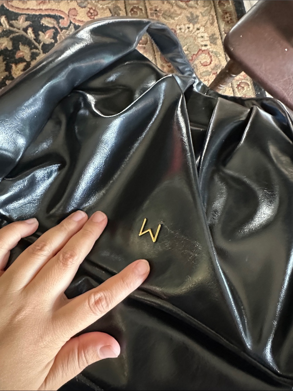 Glossy Black Ruched Tote Bag with Wide Straps - Picture 9 of 9